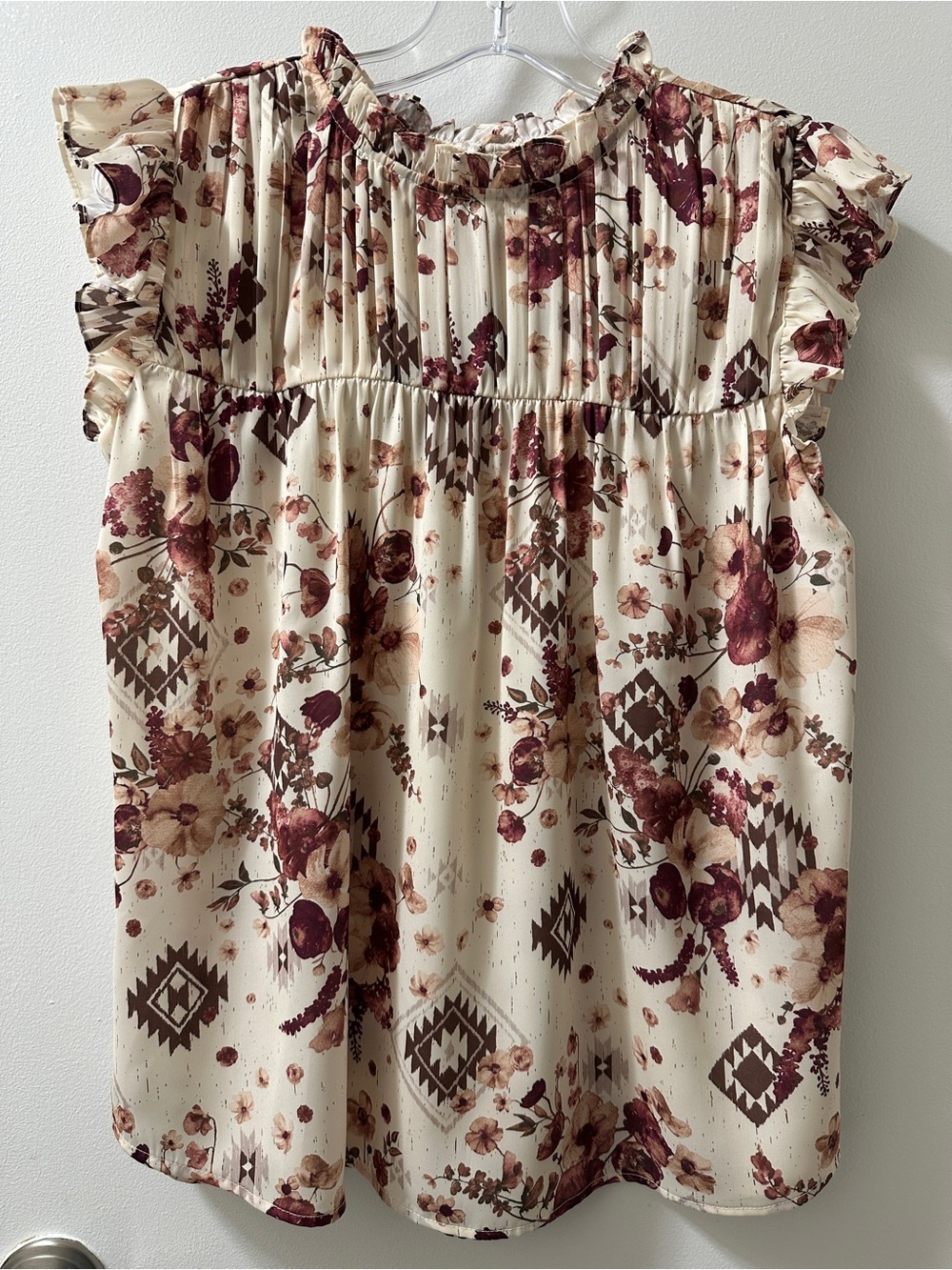 Maurices Cream Blouse with Burgundy Floral Print